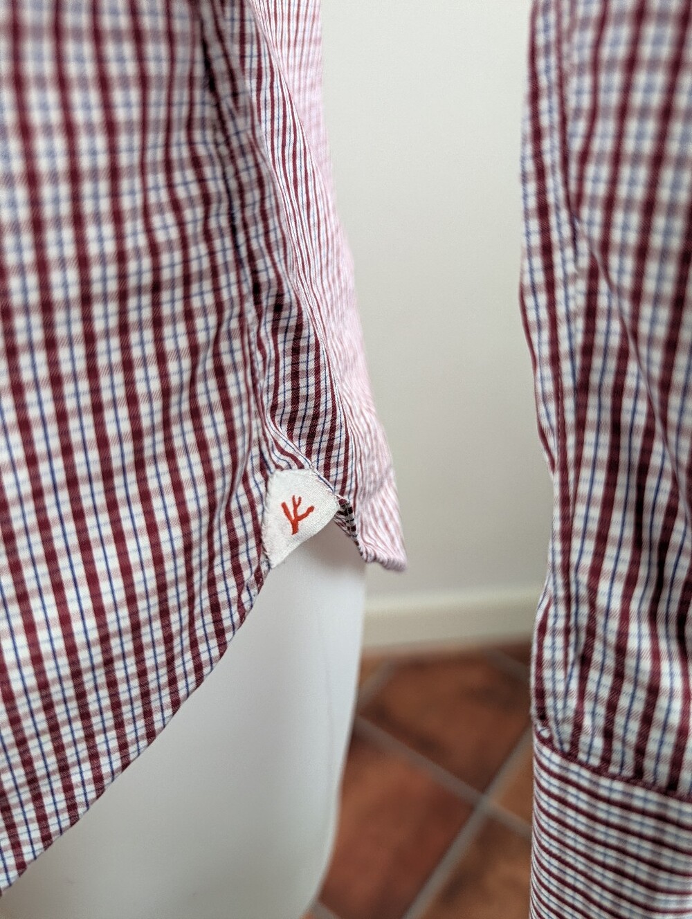 Isaia Napoli Men's Cut-Away Collar Red and White Checked Dress Shirt